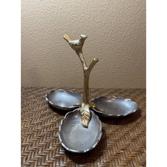 Gold & Silver Metal Pewter Bird Stand With Three Leaf-Shaped Snack Trays - Picture 2 of 7